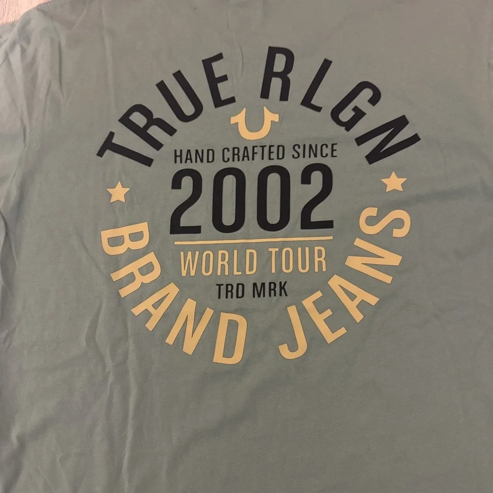 True Religion Mens World Tour Graphic T-Shirt Sage Green Large 2002 Logo‎ Tee